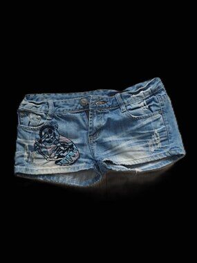 Kiss-M Denim Mini Shorts – Hand Embroidered Skull – Y2K Low Rise – Size 29